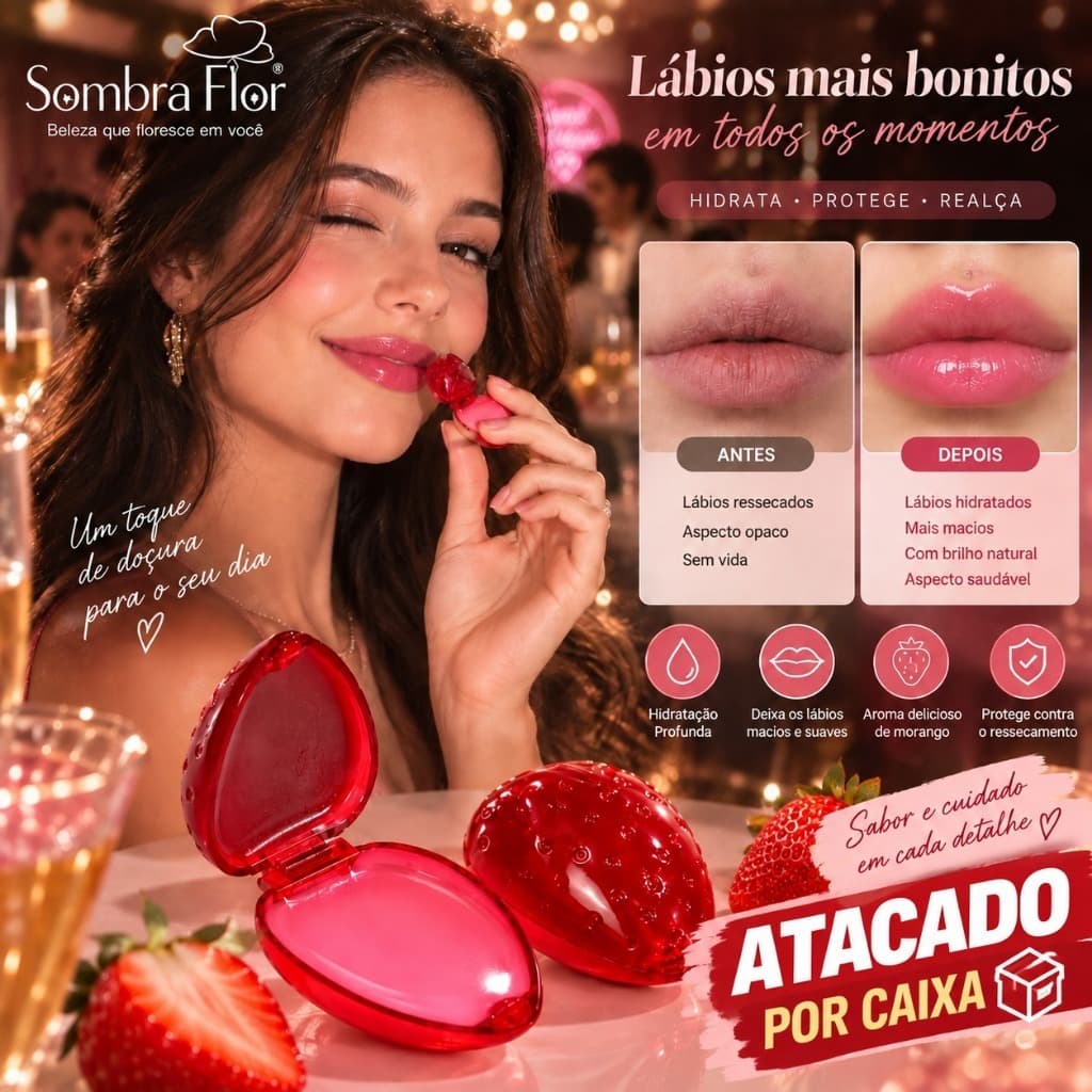 Kit 25/50 Brilho Labial Morango 🍓 Lip Gloss Hidratante com Brilho Natural para Revenda Atacado