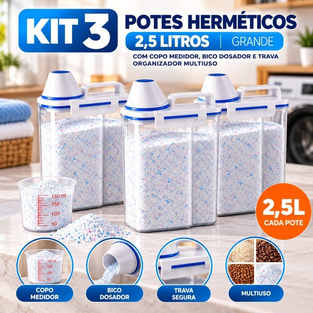 Kit 3 Potes Herméticos 2,5L Grande com Copo Medidor Bico Dosador e Trava Organizador Multiuso