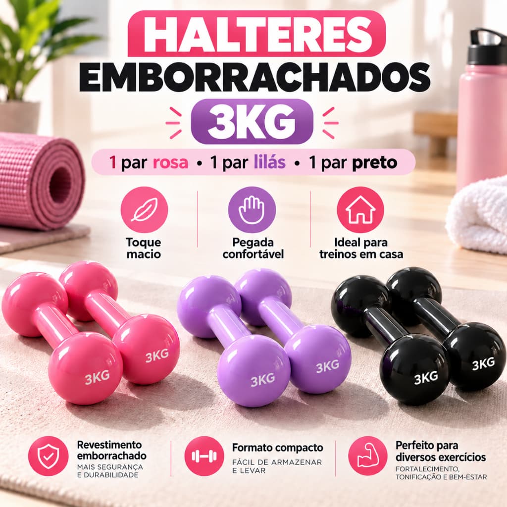 HALTER BOLA 3KGS PAR EMBORRACHADO - TREINO EM CASA ACADEMIA CROSSFIT MUSCULAÇÃO FUNCIONAL KIT COM 2