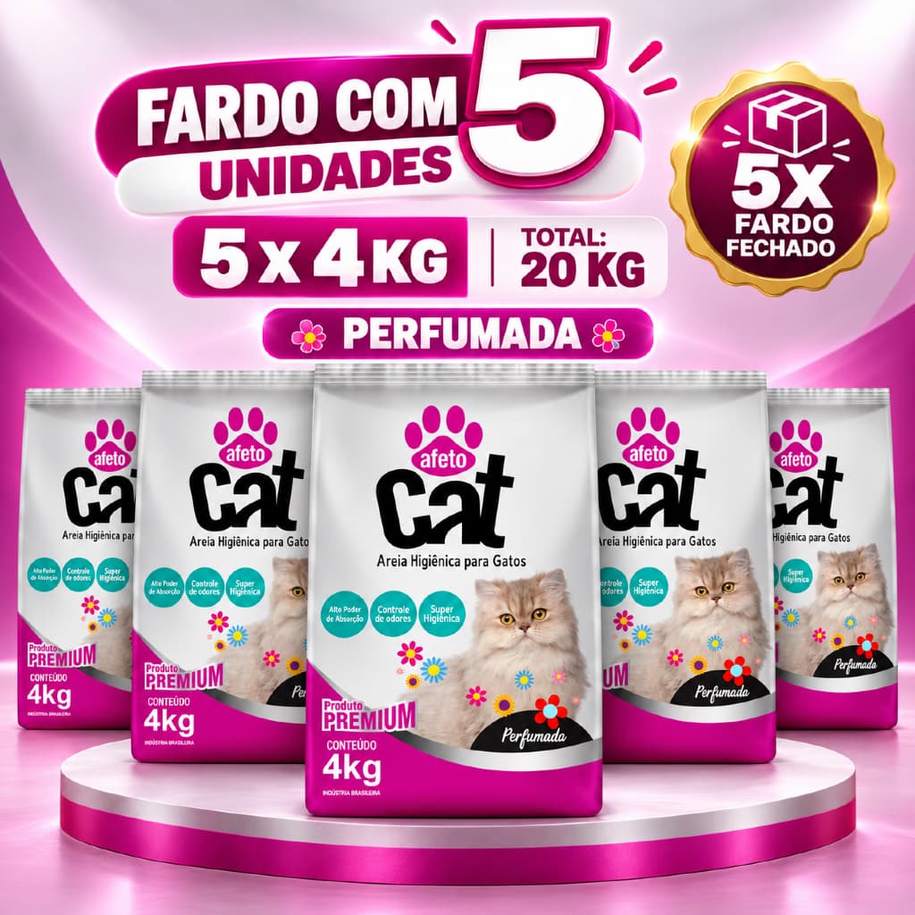 Kit 5 Areia Sanitária Higiênica Mineral para Gatos Grãos Médios Perfumada Premium 20 kg Afeto Cat