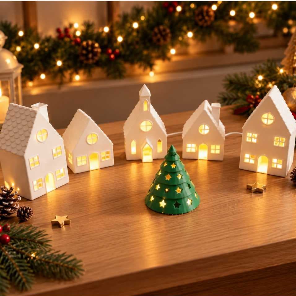 Vila Natalina com Iluminação LED - Kit 12 itens para Decoração de Natal - Casinhas + Árvore de Natal + Luminárias LED