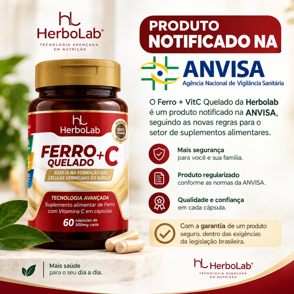 Ferro Quelado + Vitamina C HerboLab 60 Cápsulas 500mg Suplemento Alimentar