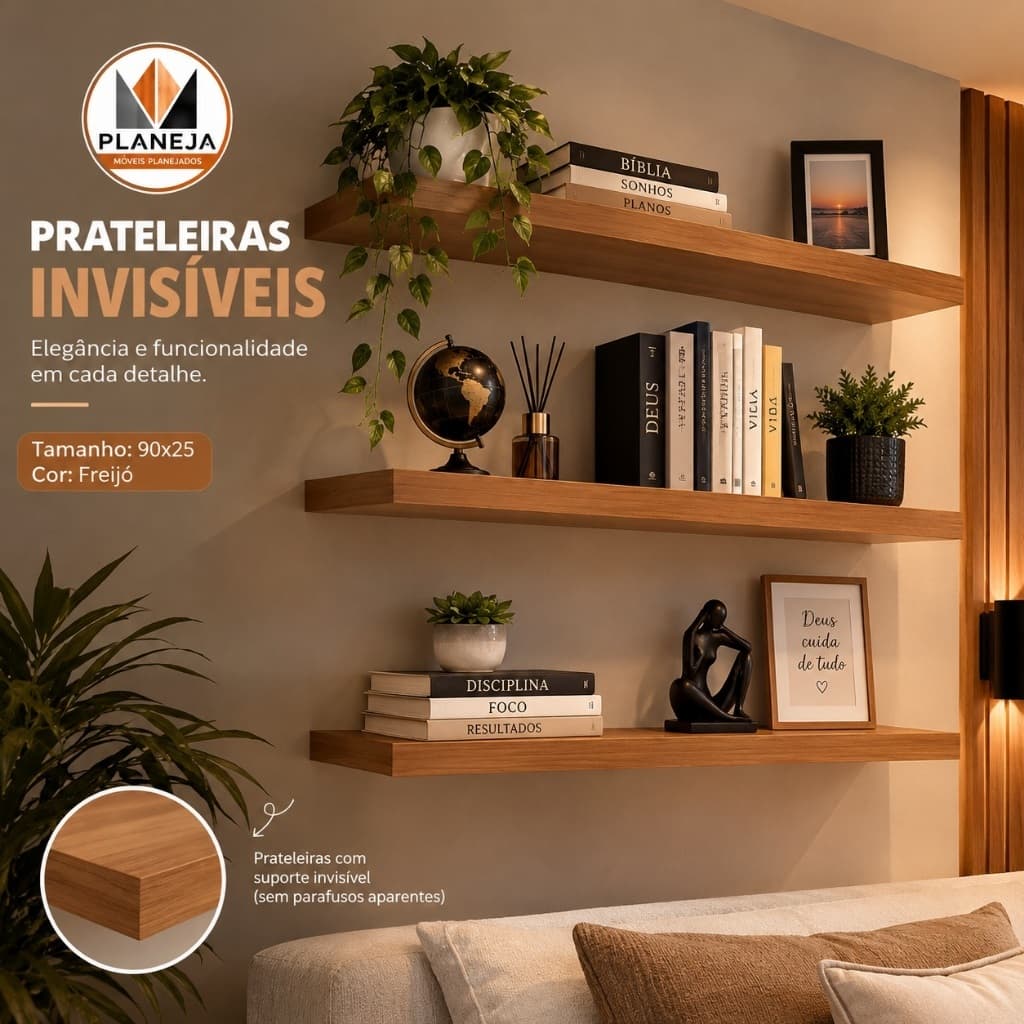 Prateleira MDF Freijó 90x25cm para Parede | Suporte Invisível | Prateleira Suspensa para Quarto Sala Escritório