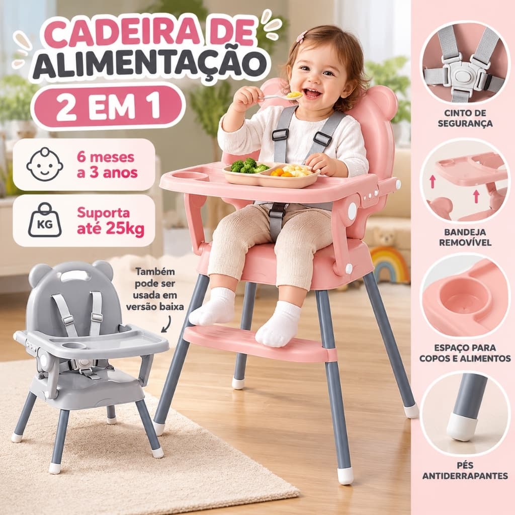 Cadeira de Alimentação Bebê 2 em 1 com Bandeja Removível Cinto de Segurança Suporta 25kg 6 Meses a 3 Anos -P19