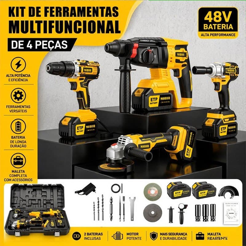 Kit 4 em 1 Ferramentas Elétricas Sem Fio Furadeira Impacto Parafusadeira Esmerilhadeira Alta Potência