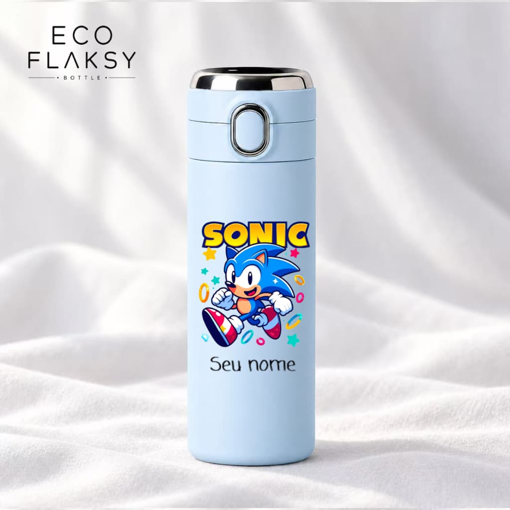 Garrafa Personalizada Térmica Infantil de Aço Inox Sonic Team com Termometro LED Digital Temperatura 420ml