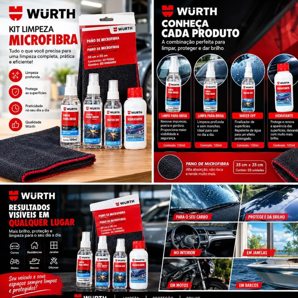 kit limpeza completo para carro 4 produtos WURTH- WATER OFF, ANTIEMBAÇANTE, LIMPA PARA-BRISA E PANO MICROFIBRA