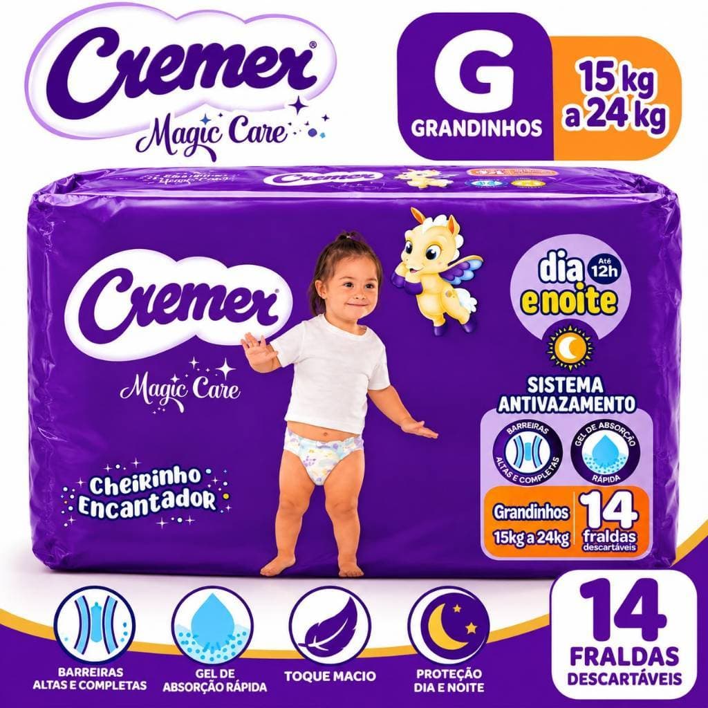 Fralda Descartavel Cremex Magic Care Grandinhos 15kg a 24kg Dia e Noite 14 Fraldas Descartáveis