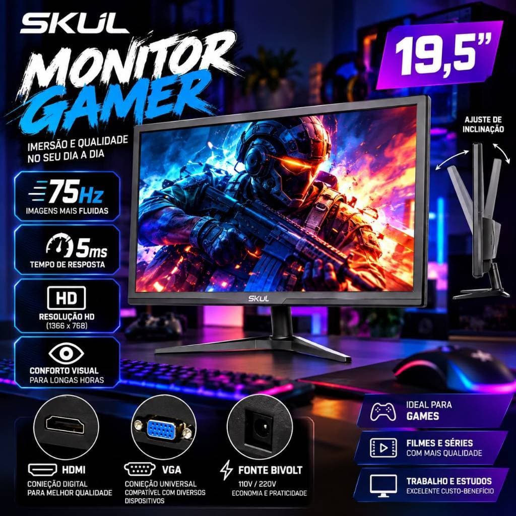 Monitor Gamer Led Skul 19.5  Hd 75hz Hdmi Vga Vesa Jogar Preto