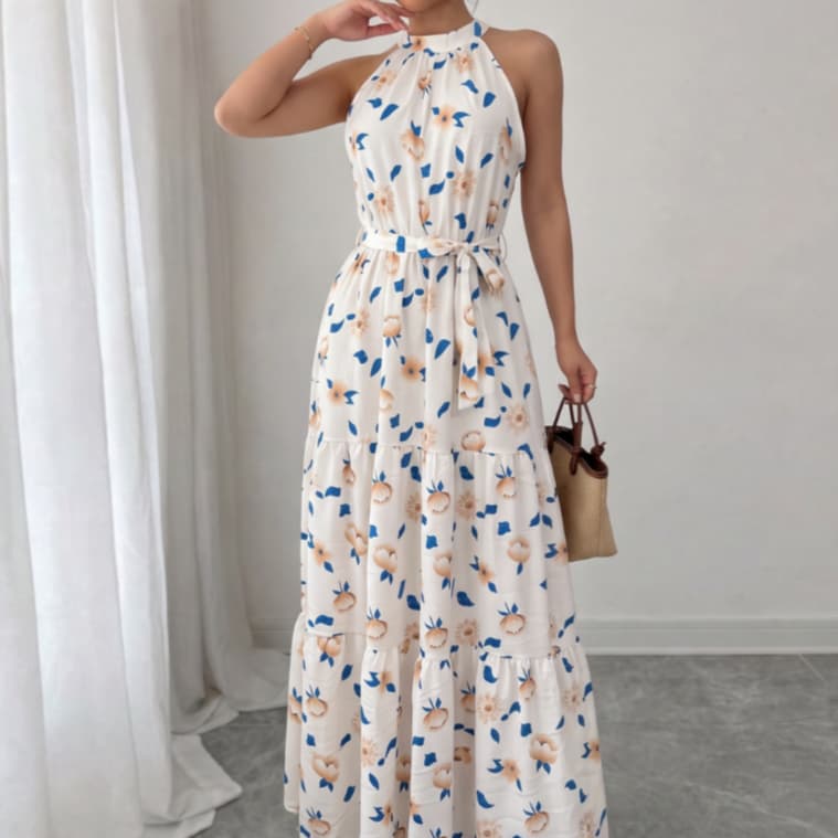 Vestido Feminino Longo Estampado Floral Com Alças Finas Decote Halter E Cintura Marcada Elegante, Leve E Perfeito Para V