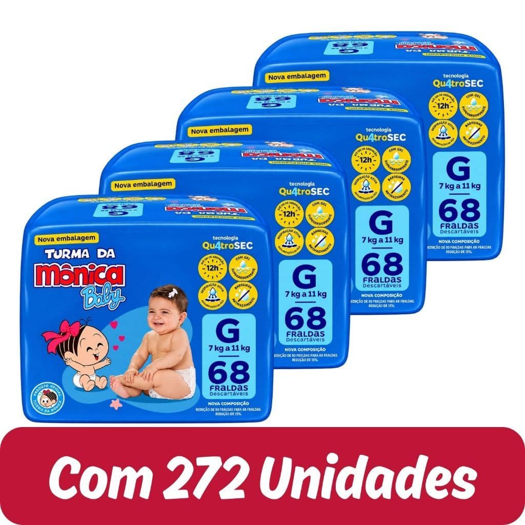 Fralda Descartável Turma da Mônica Baby Giga Tamanho G - 4 Pacotes com 68 Fraldas - Total 272 Tiras