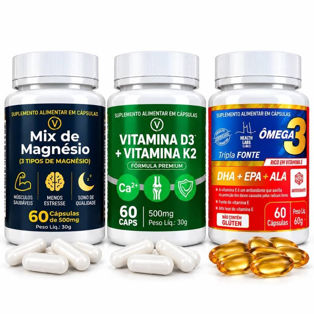Kit Suplementos V Mix de Magnésio Vitamina D3 + Vitamina K2 Ômega 3 com 60 Cápsulas cada