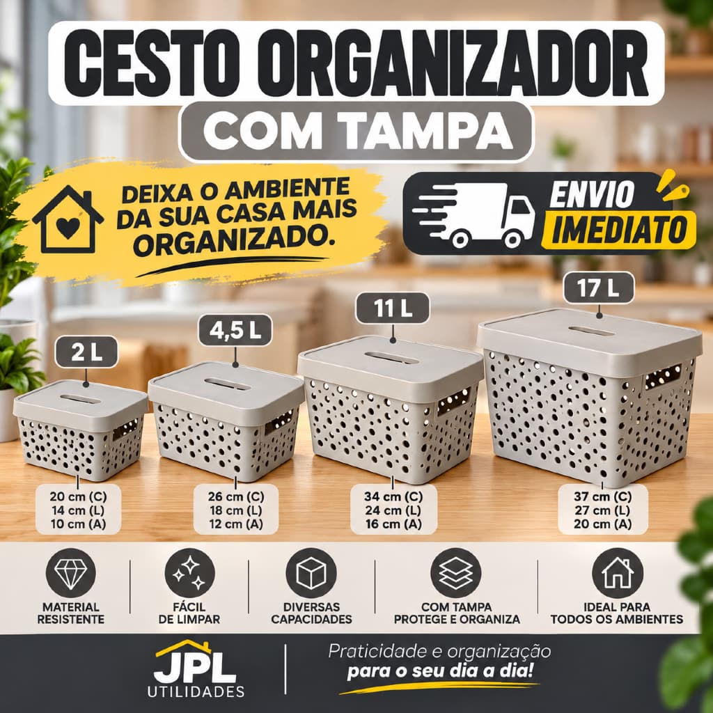Caixa Organizadora Teladas C/ Tampa Cesto Multiuso com Alça 2L a 17L Cozinha Banheiro Despensa Closet
