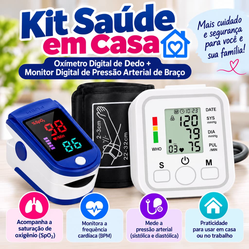 Kit Saúde em Casa Oxímetro Digital de Dedo + Aparelho Medidor de Pressão Arterial Digital de Braço