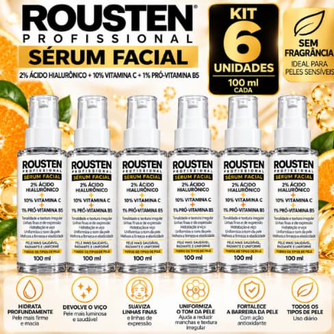 Kit Revenda 3 - 6 Sérum Facial ROUSTEN 100ml 2% Ácido Hialurônico  10% Vitamina C 1% Pró-Vitamina B5