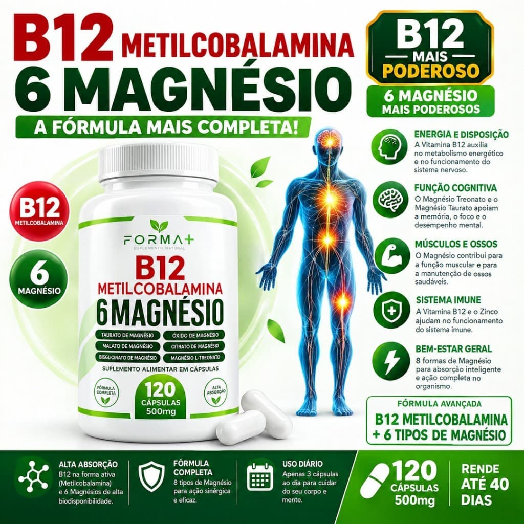 Vitamina B12 Metilcobalamina com 6 Magnésios 120 Cápsulas 500mg - Original