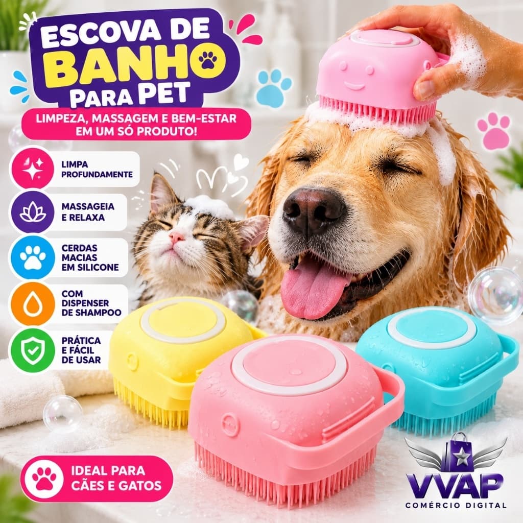Escova de Banho para Pet com Dispenser de Shampoo Massagem e Limpeza Profunda para Cães e Gatos