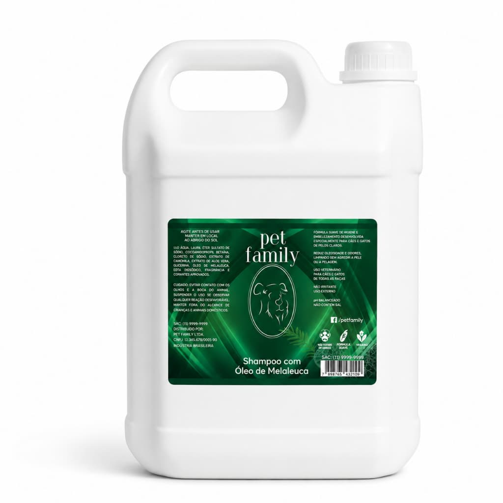 Shampoo Pet Óleo de Melaleuca Vegano Para Cães e Gatos Galão 5L Pet Family