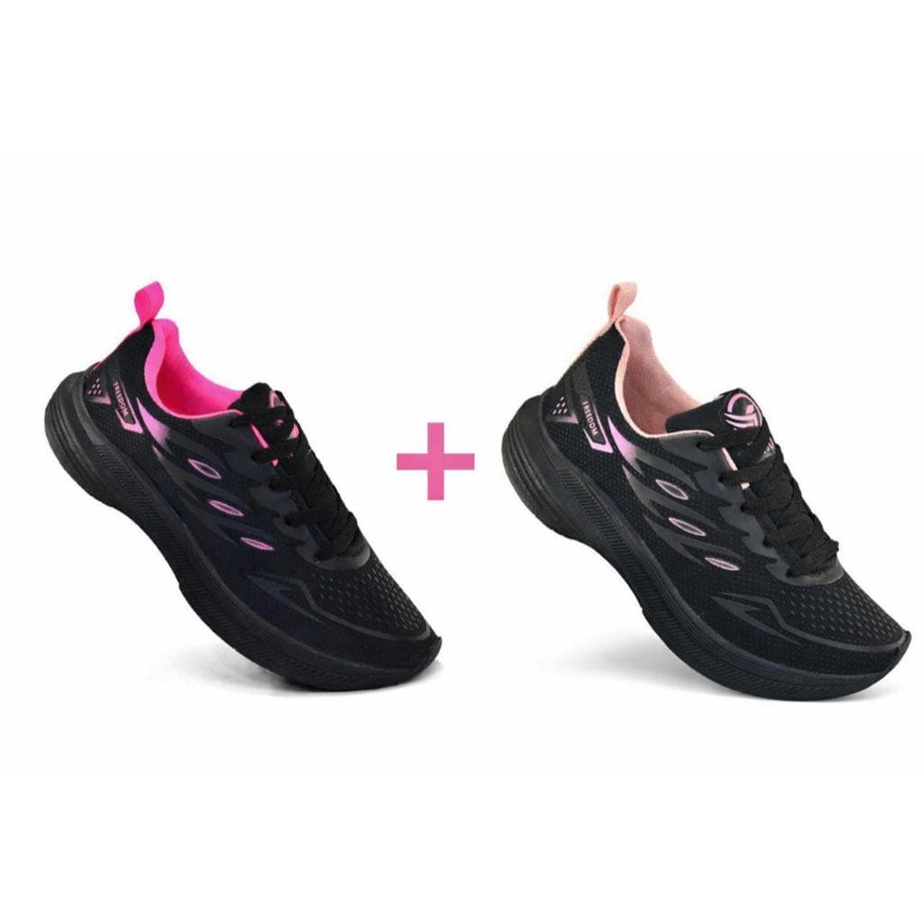 KIT 2 PARES Tenis Feminino Escolar Academia Original FREEDOM Corrida Caminhada PROMOÇÃO PRETO PINK + PRETO ROSE BLACK