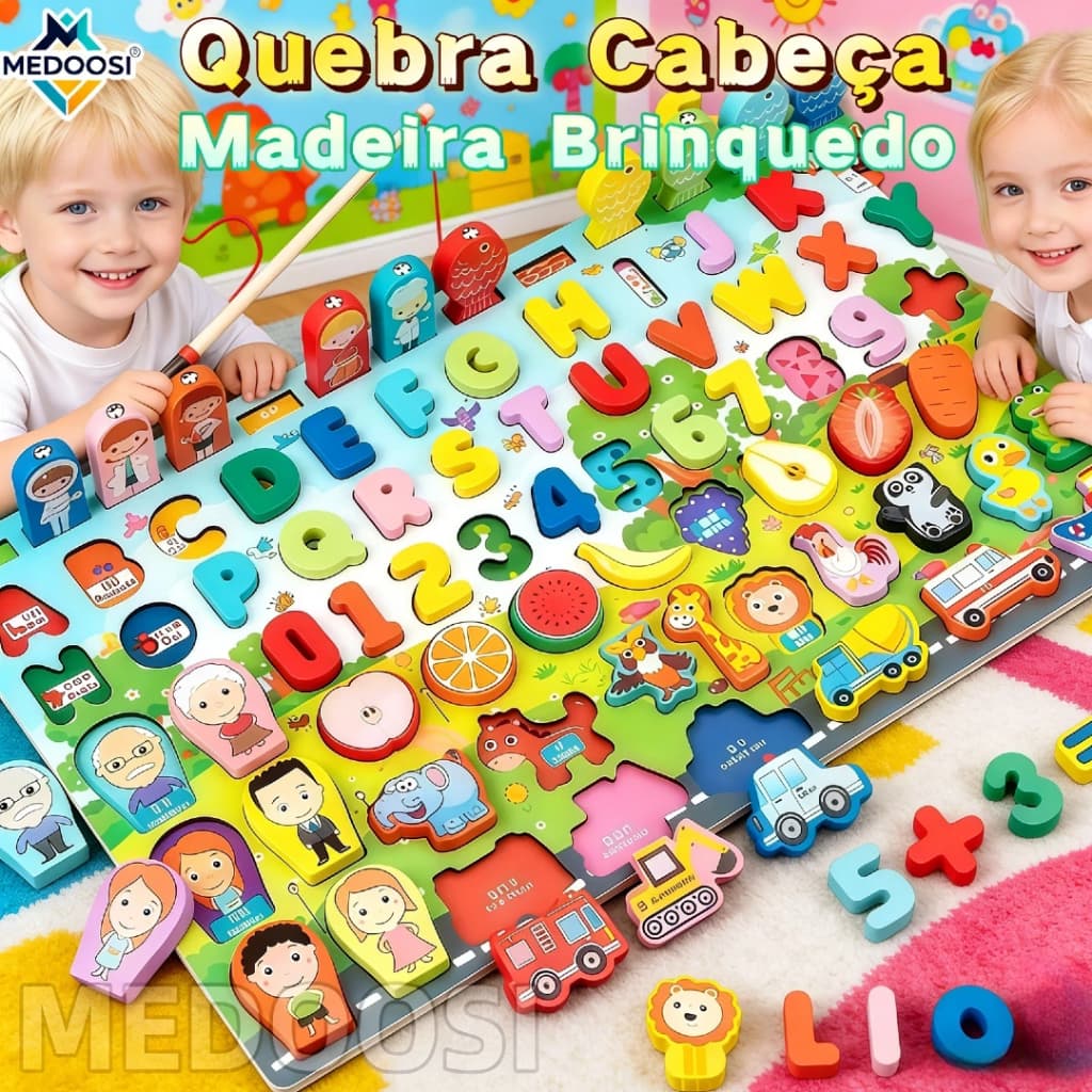 MEDOOSI Jogo Quebra Cabeça Educativo Infantil com Alfanumérico/ Crianças Montessori Madeira Brinquedo de Pesca Magnético