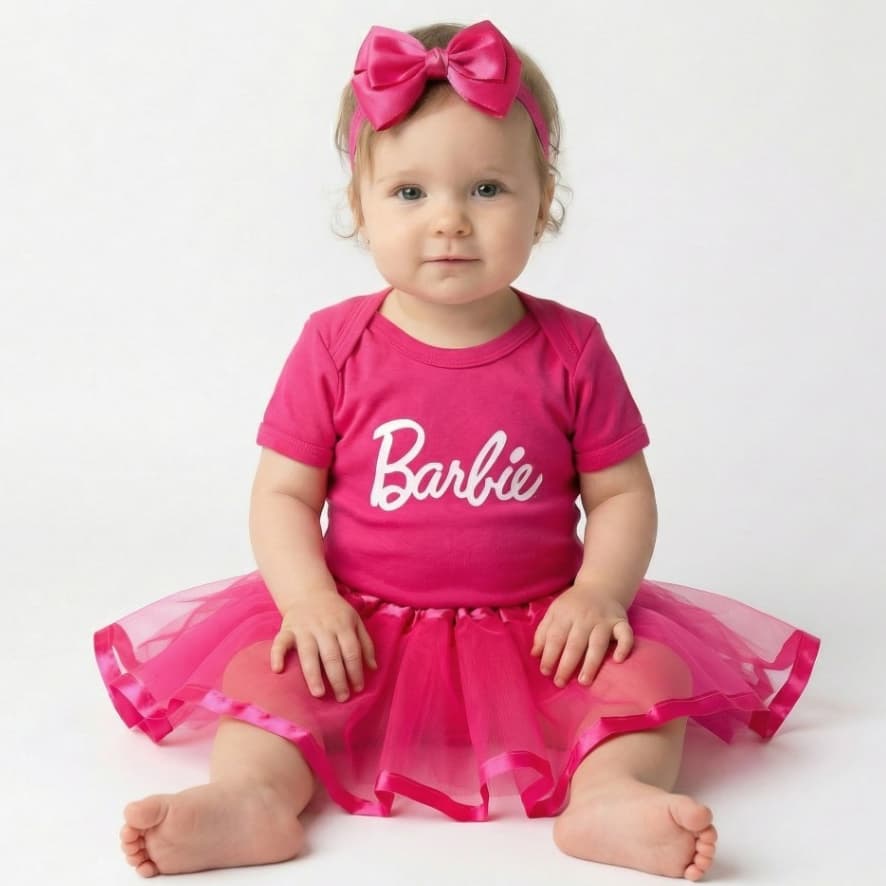 Body Infantil Bebe Menina Conjunto Saia Tule + Laço Temático Mesversário Barbie Promoção