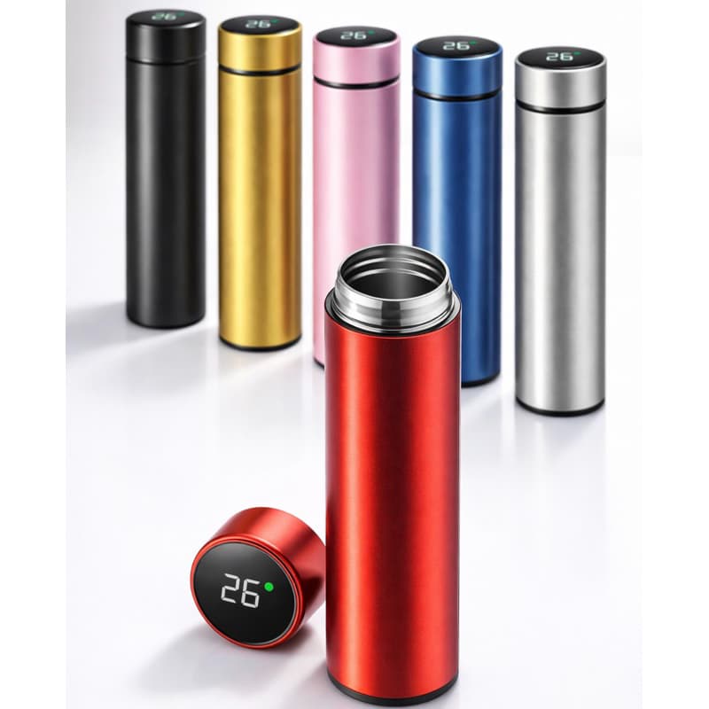 Garrafa Térmica em Aço Inox com Termômetro Digital 500ml Led Preta Rosa Dourada Prata Azul