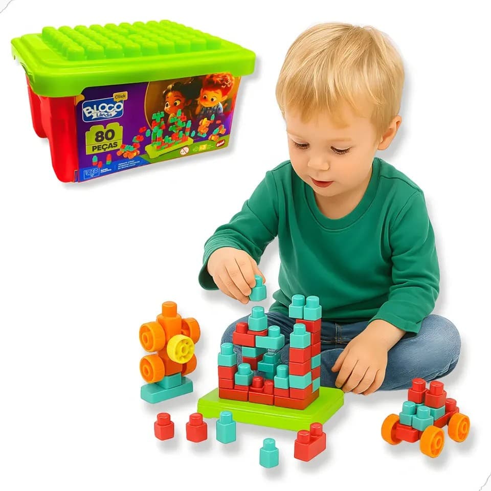 Box Block Click Dismat 80 Peças | XK118 Blocolândia Blocos de Montar Infantil Educativo pedagogico- le go peças grandes