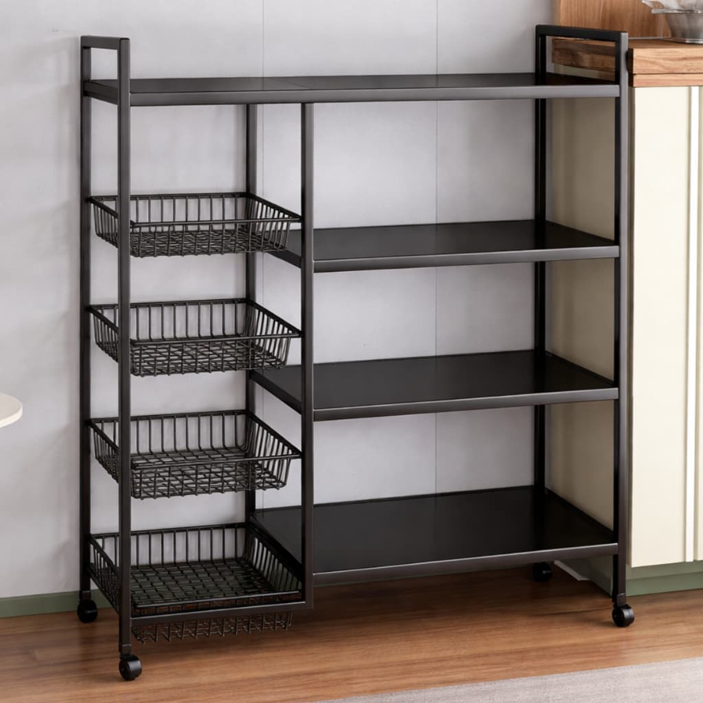 Prateleira Organizadora de Cozinha com Rodas em Aço Carbono – Rack Multiuso para Micro-ondas, Frutas e Utensílios