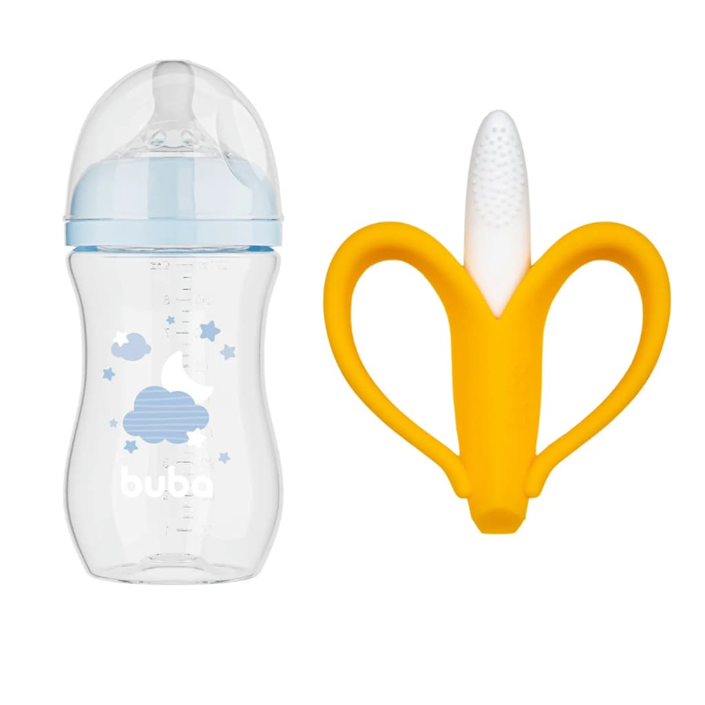 Kit Bebê Buba: Mamadeira Easy Flow 270ml Nuvem Azul + Massageador de Gengiva Banana