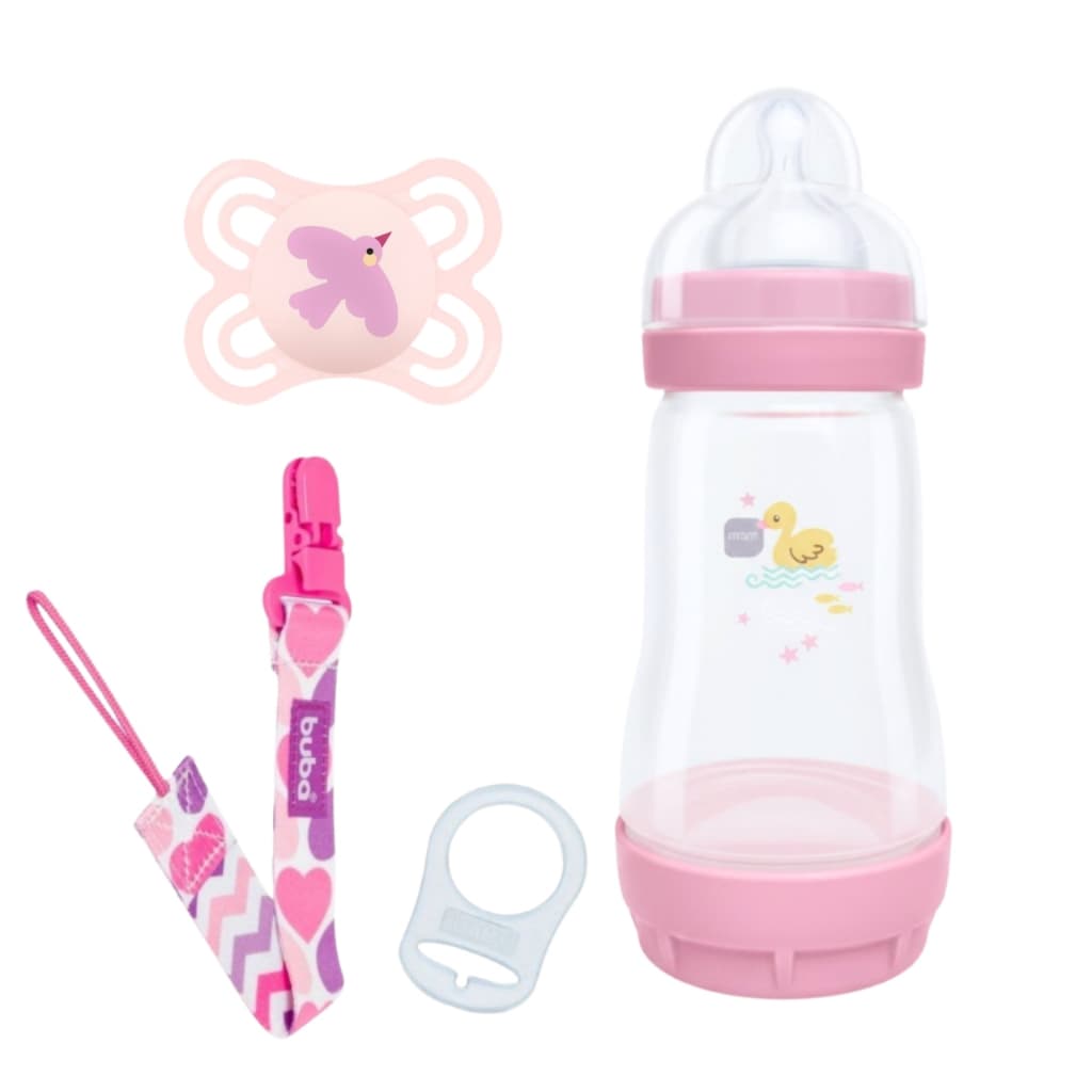 Kit Mamadeira MAM 260ml Anticólica Chupeta MAM Perfect 0-6 meses + Prendedor Buba Bebê Recém Nascidos Anel Adaptador