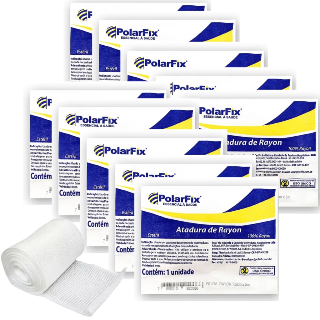 Kit 10 Atadura de Rayon Estéril 7,5cm x 5m Polarfix Curativo Absorvente Hospitalar