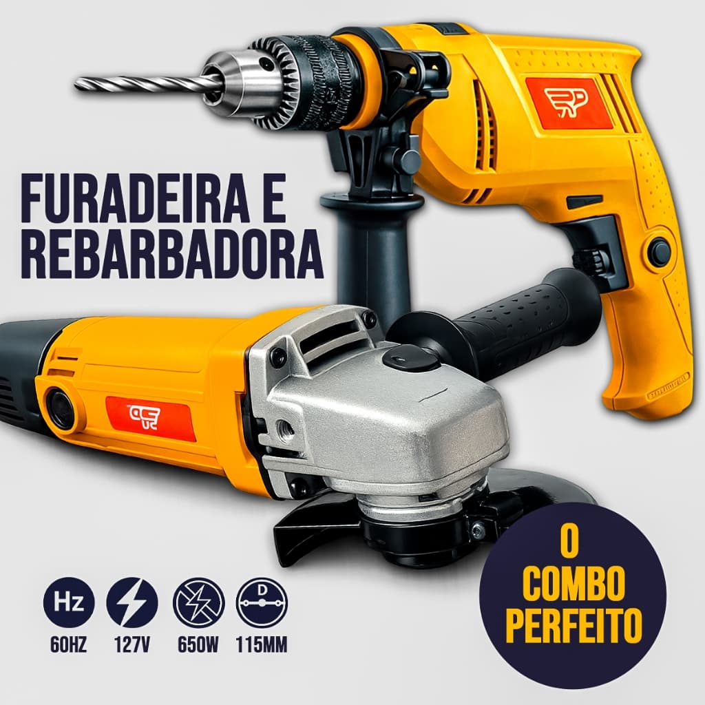 Kit Furadeira de Impacto Elétrica 600W + Esmerilhadeira Angular 650W Polidora + Maleta 110V ou 220V