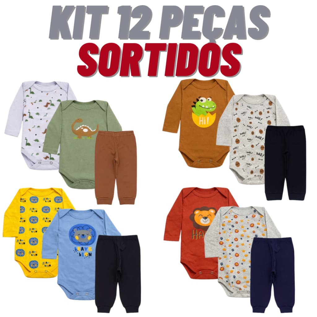 Kit Roupa De Bebe 12 Peças Body Manga Longa E Mijão Algodão Menino ou Menina Conjunto de bebe