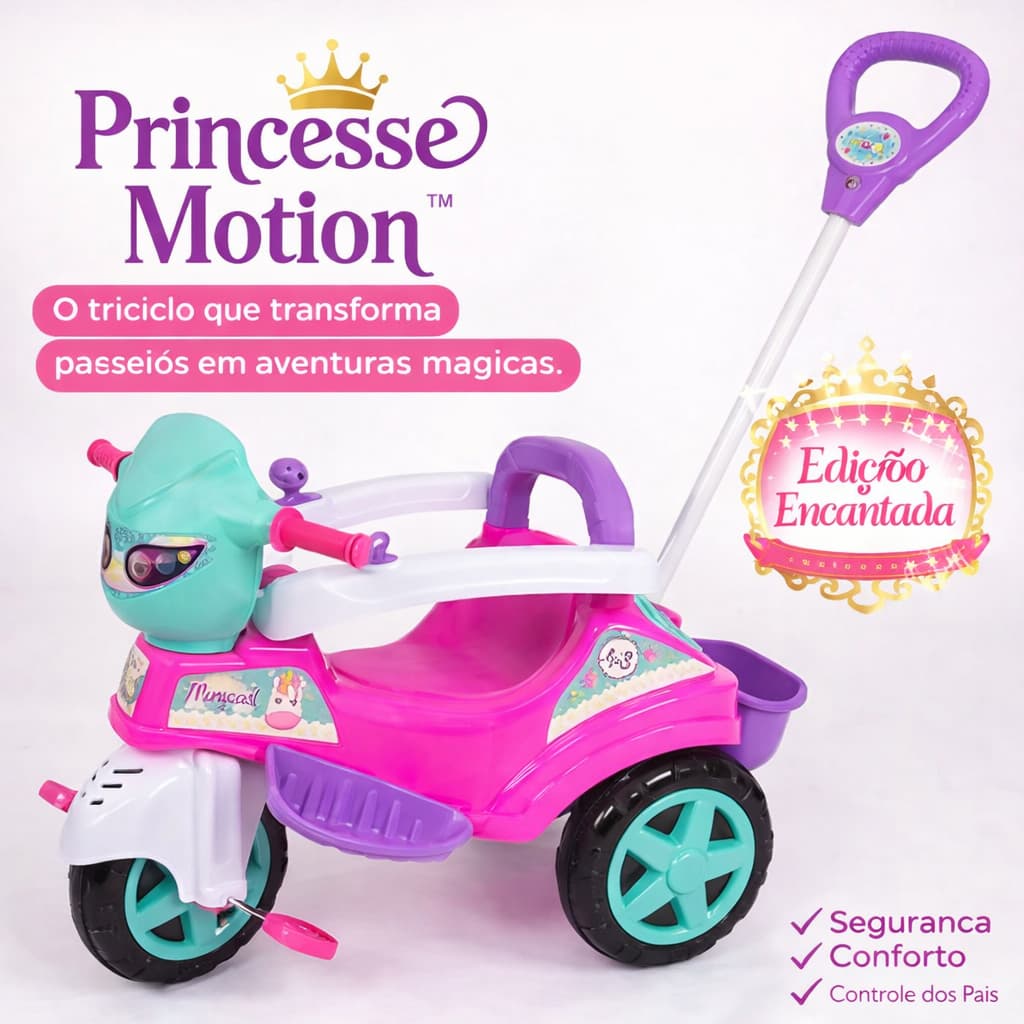 Triciclo Infantil com Empurrador Rosa Princesa | Passeio Bebê Cinto Segurança e Controle dos Pais