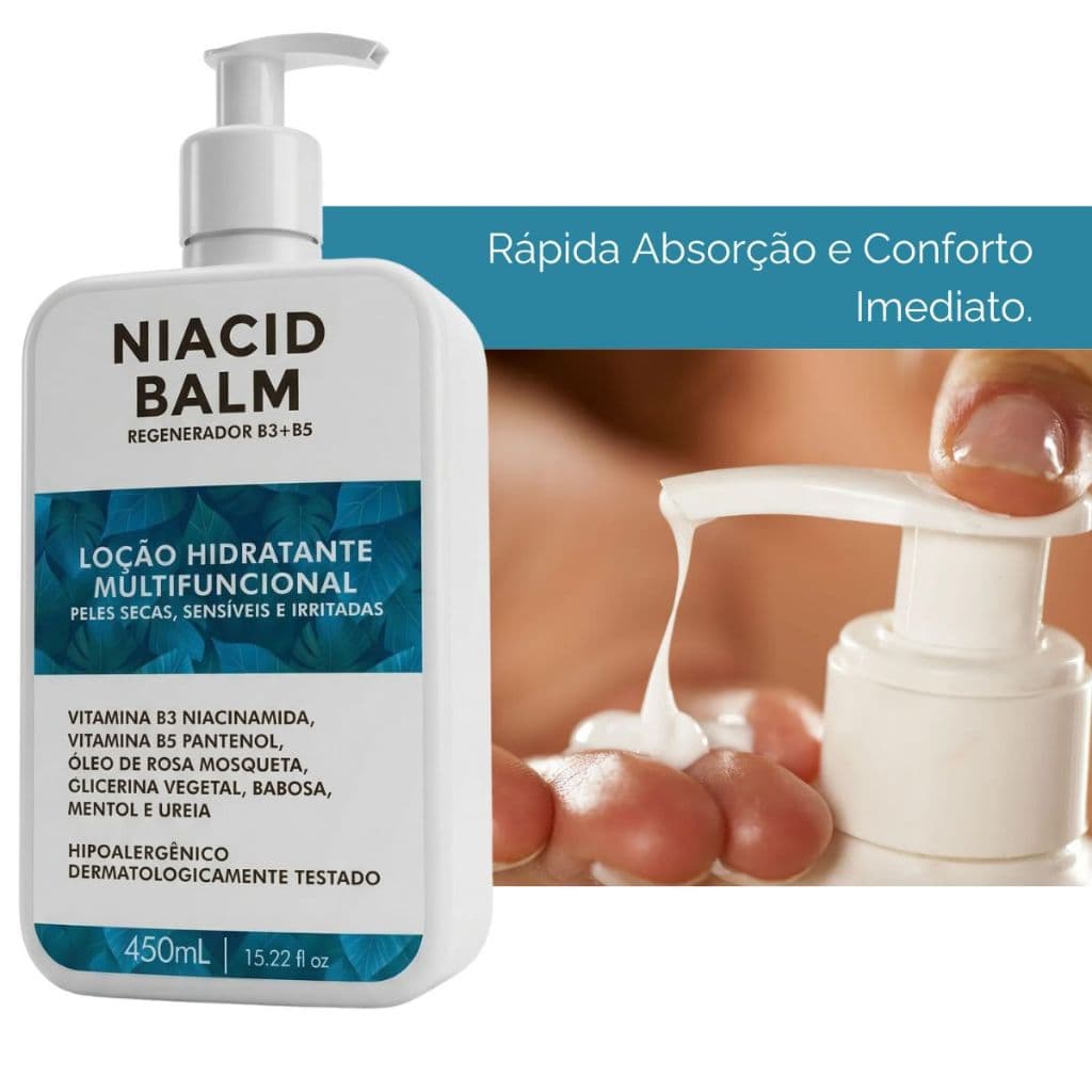 Loção Hidratante Corporal Feminino Niacid Balm 450ML Pele Seca NIacinamida Rosa Mosqueta