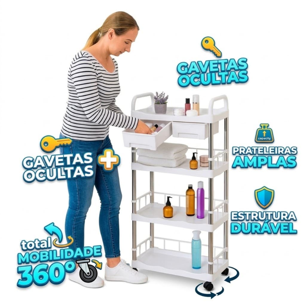 Estante Organizador Multiuso 4 Niveis 2 Gavetas Rodinhas Branco Multiuso Casa Cozinha Banheiro