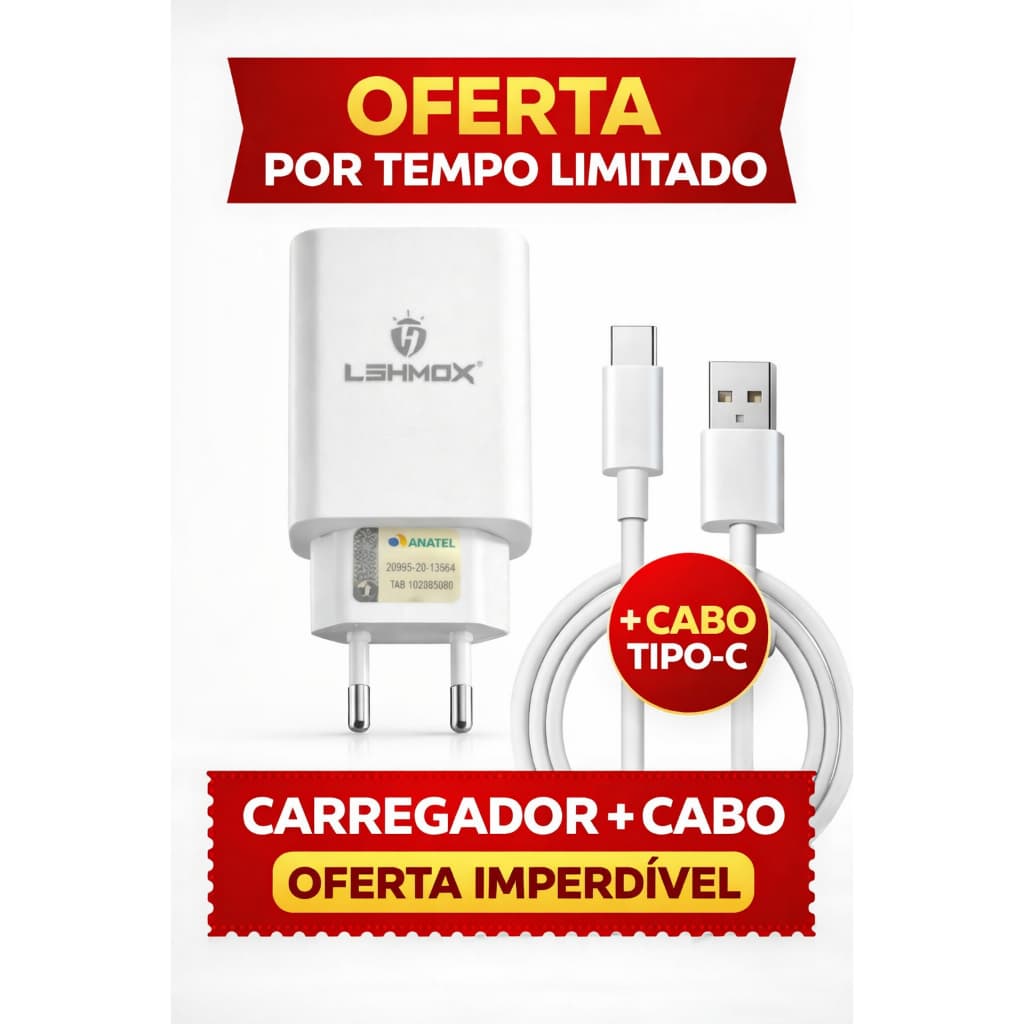 Carregador Tipo C Turbo Tipo C 3.1A + Cabo Reforçado | Carregamento Rápido | Compatível com Android | Envio Rápido!