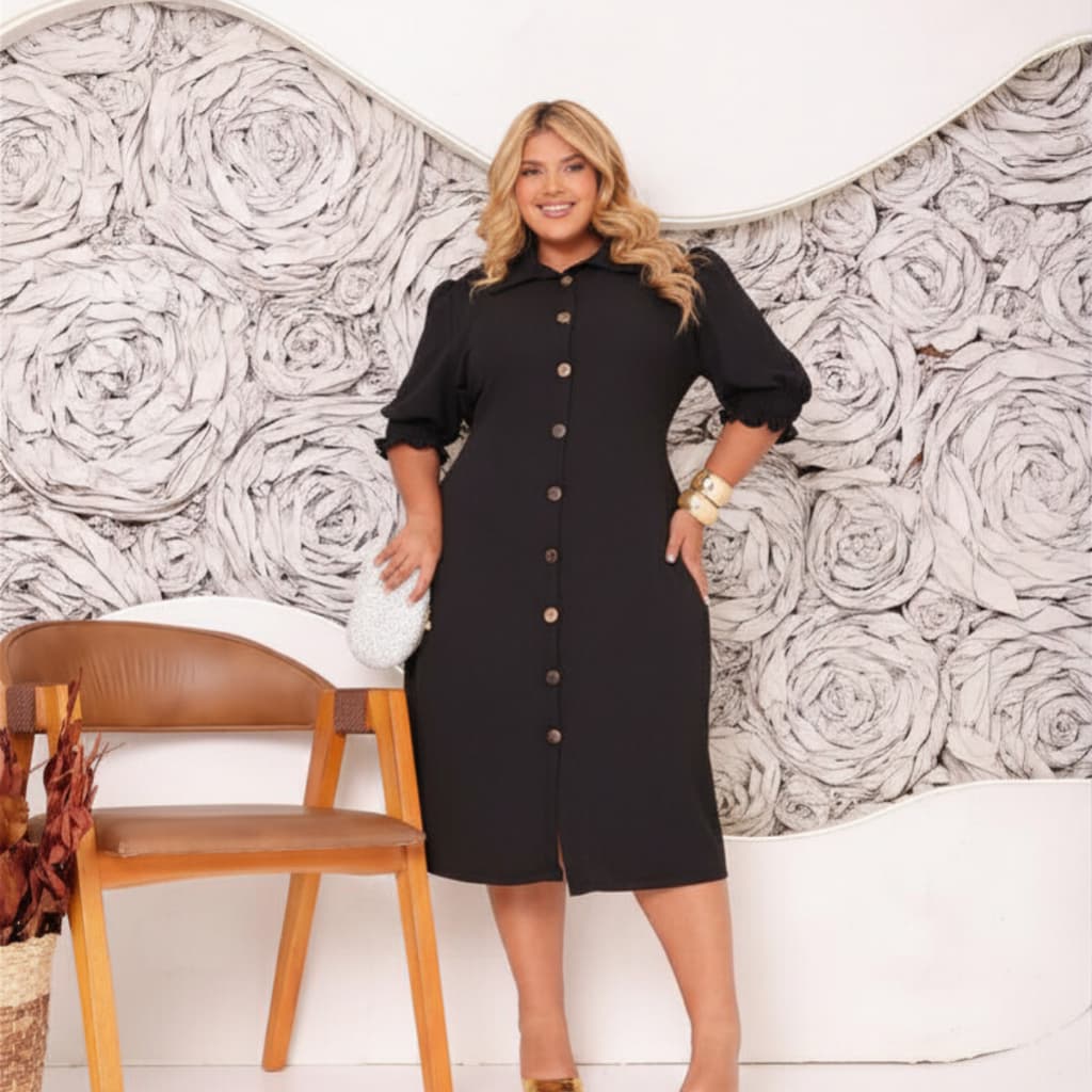 Vestido Feminino Chemise Midi Plus Size Botões e Lastéx Moda Evangélica Elegante  44 a 50 Chamise