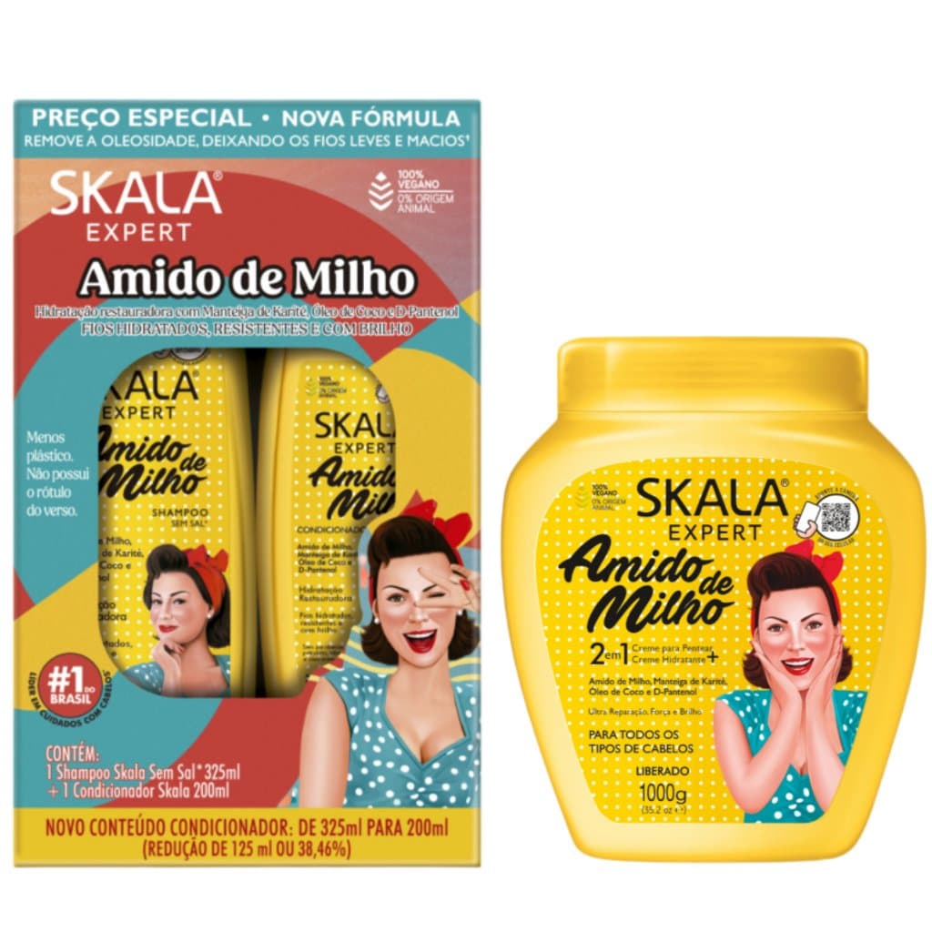Kit para Cabelos Fracos e Ressecados Skala Amido de Milho Anti Frizz Shampoo Condicionador Creme