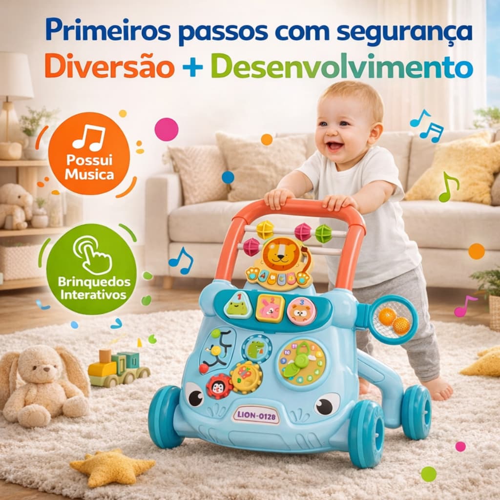 Andador Empurrar infantil Musical Didático Educativo Bebê Interativo Primeiros Passos Seguro coordenação motora