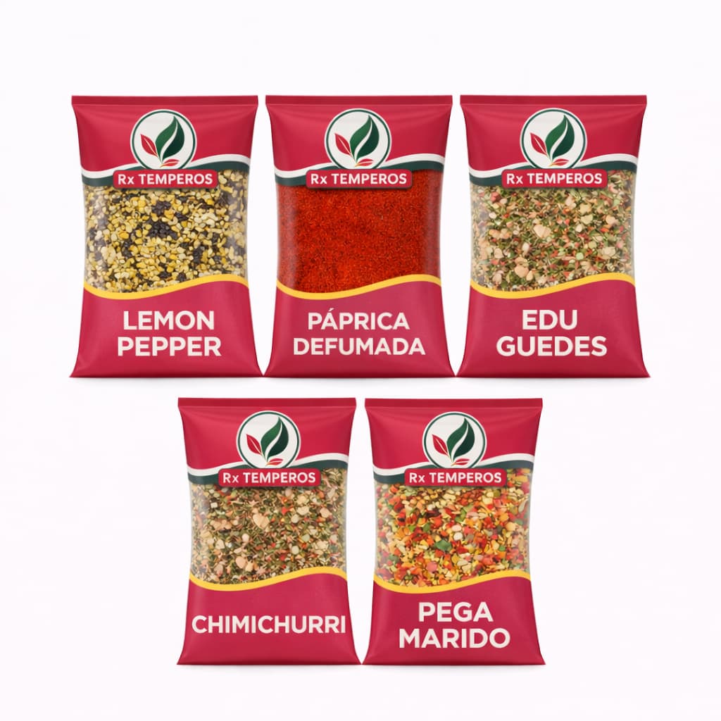 Combo 5 Temperos Premium – Lemon Pepper, Páprica Defumada, Edu Guedes, Chimichurri e Pega Marido