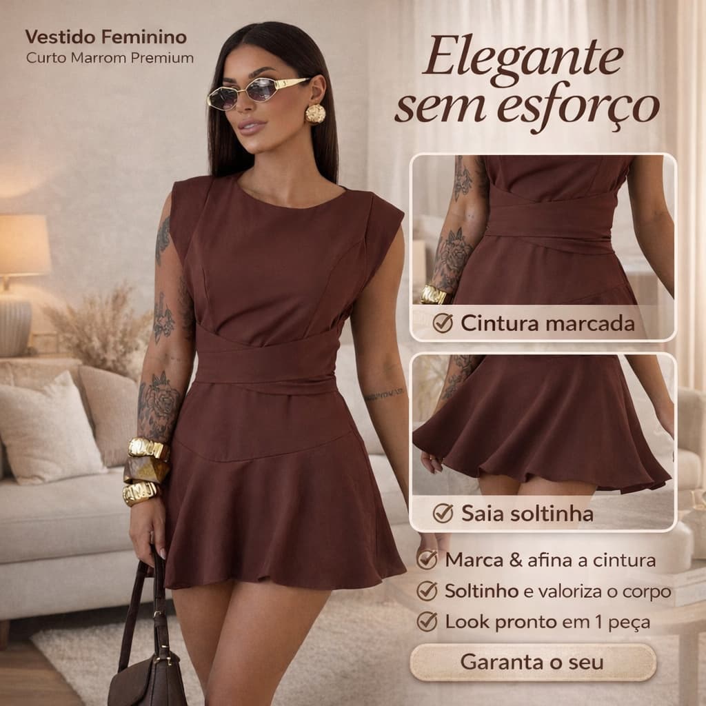Vestido Feminino Curto com Short Embutido | Alfaiataria | Ombro Muscle Premium