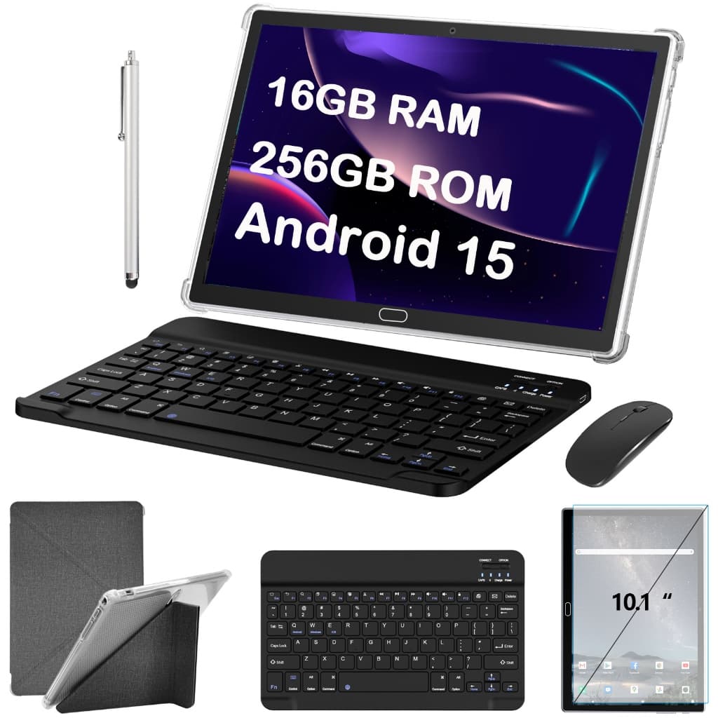Android 15 Tablet com 16 GB de RAM e 256 GB de ROM 10.1“, com mouse e teclado, tela IPS FHD e Wi-Fi