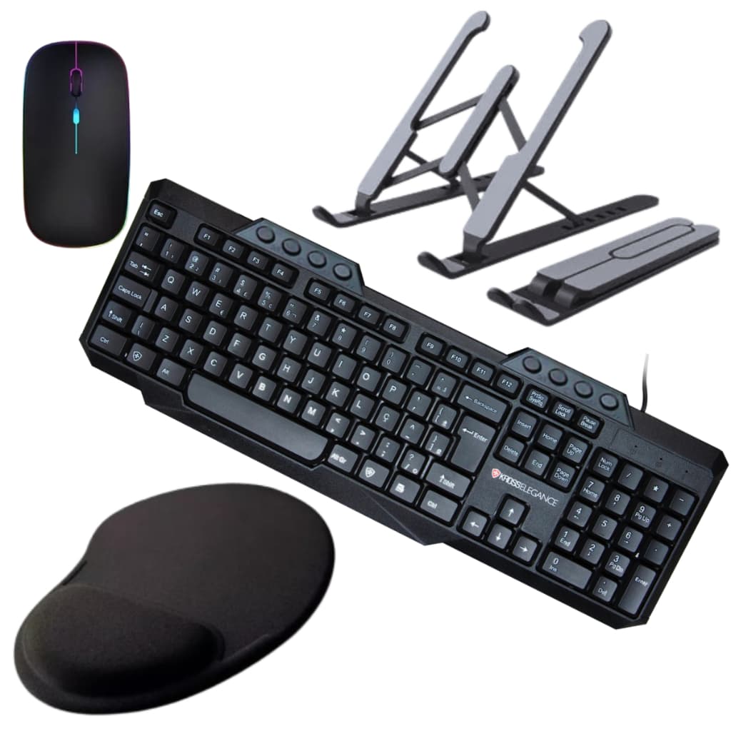 Kit Suporte para Notebook Mouse Recarregavel Sem Fio via Bluetooth Wireless Teclado com fio + Pad