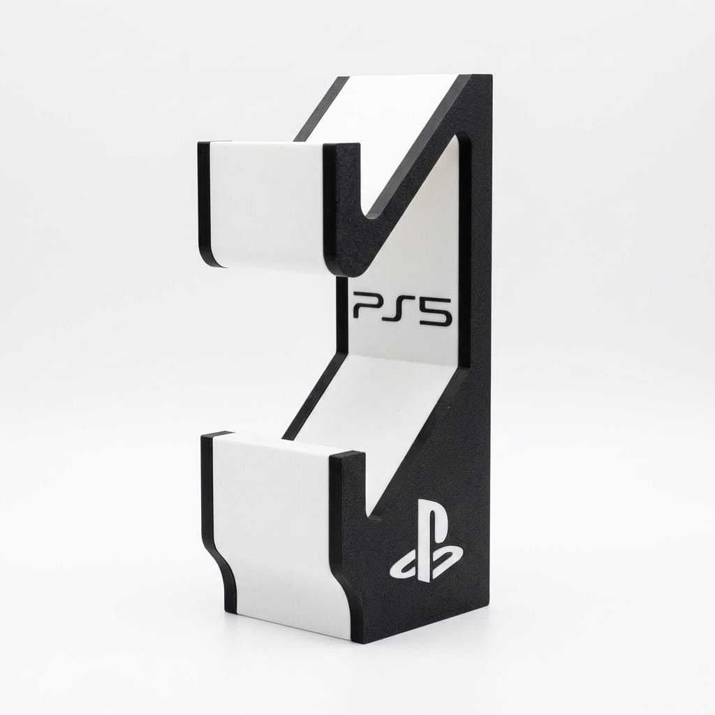Suporte vertical duplo para PlayStation 5 com design moderno em preto e branco texturizado