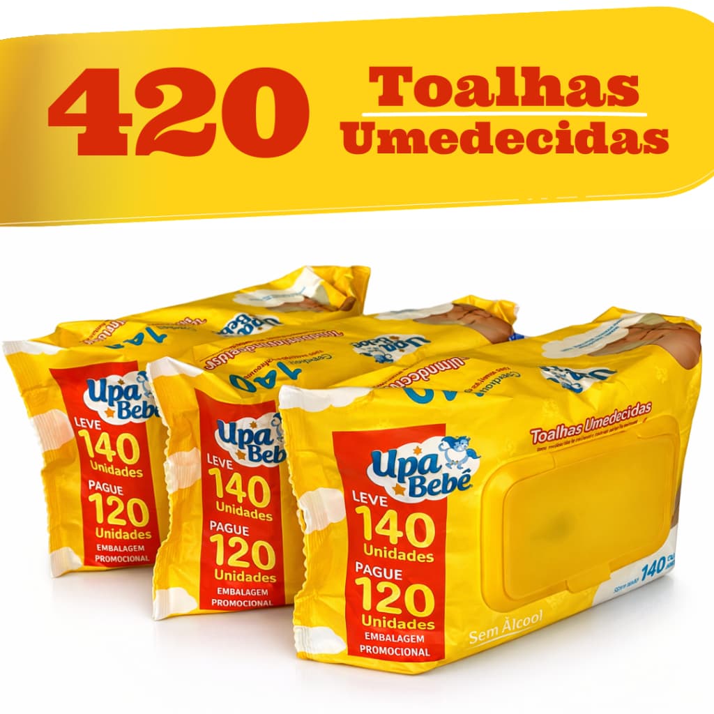 Kit 420 Toalhas Umedecidas Upa Bebê Lenço 3 Pacotes Sem Alcool Tampa Flip Pamp