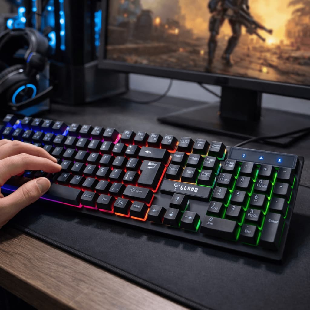 Teclado Gamer Semi Mecânico Rainbow ABNT2 USB Led Numérico Plug & Play Iluminação Anti-Ghosting