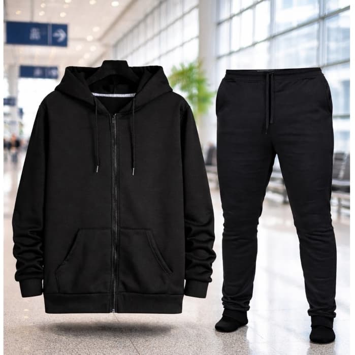 Conjunto Moletom  Ziper Jaqueta Capuz Bolso Calça Jogger Algodão