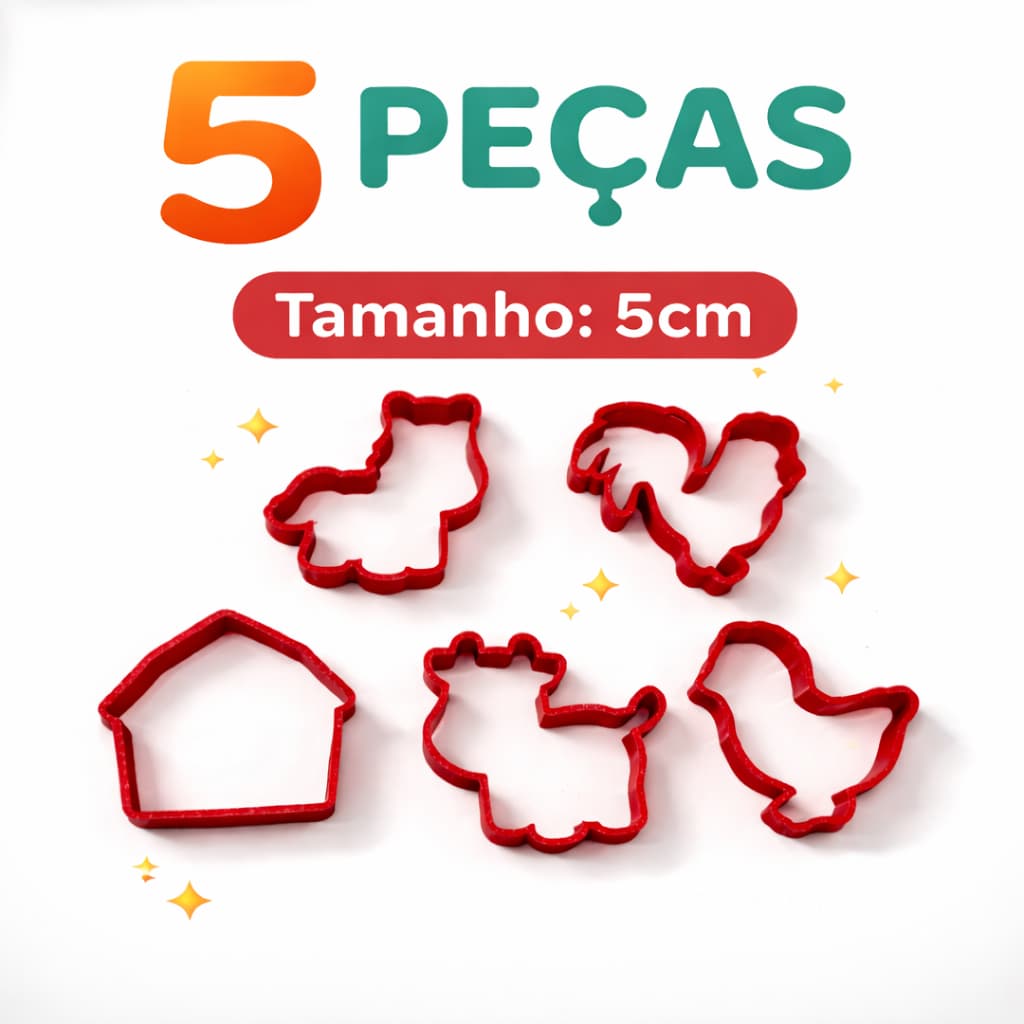 Cortador de frutas e legumes infantil fazendinha, biscoito, pasta americana, ou massinha de modelar kit 5 forminhas