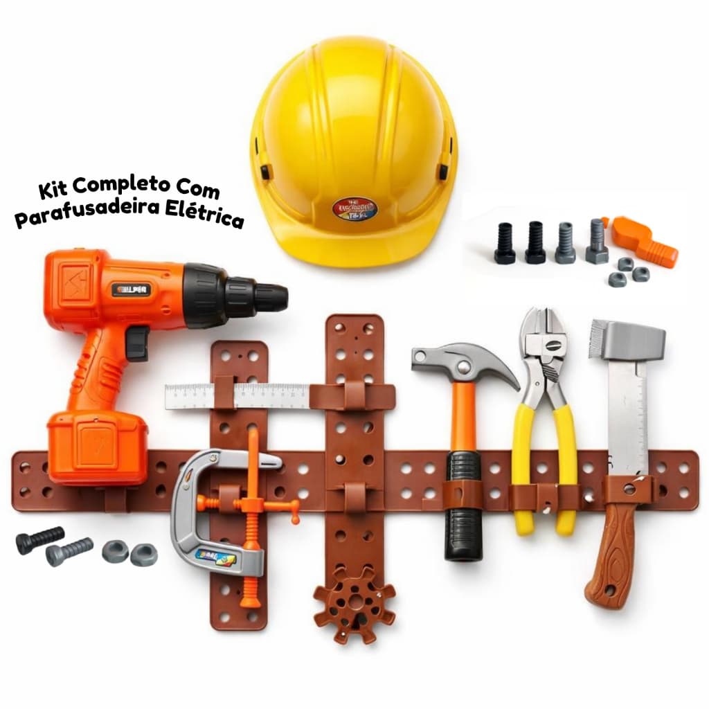 Kit Cinto Ferramentas Infantil Com Parafusadeira Elétrica Capacete Completo Engenheiro Construção